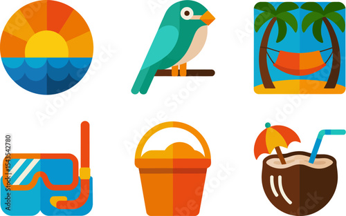 Vibrant summer symbol mix with diving mask bucket drink bird sunset and palm party vibes illustration  
