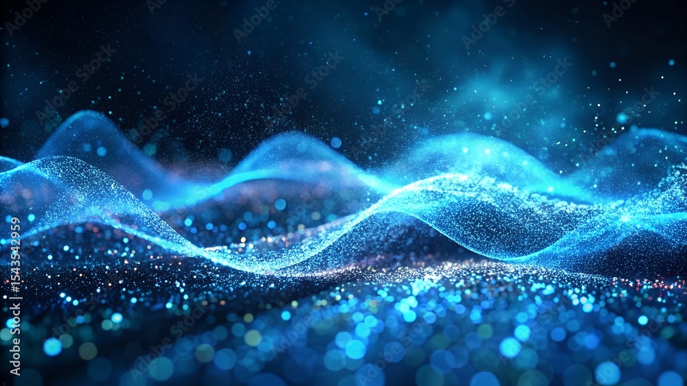 Fototapeta premium Dark background with a vibrant blue data wave and shimmering digital dust.