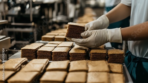 Packing organic multi barley briquetted crispbread on factory