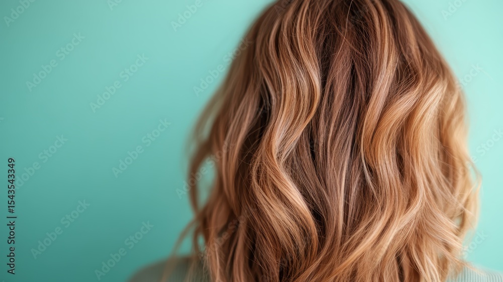 Naklejka premium A beautiful woman with wavy hair stands against a soft turquoise backdrop, creating an aesthetically pleasing image that conveys calmness and beauty.