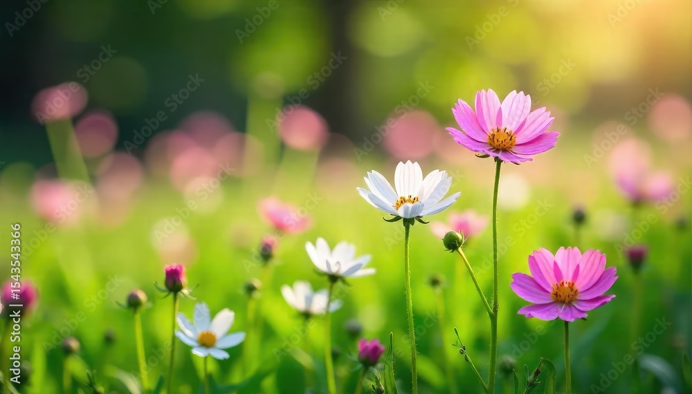 Fototapeta premium Delicate pink and white Mayflower wildflowers blooming in a lush green meadow, bathed in soft sunlight Perfect for spring themes and nature imagery , botany, light