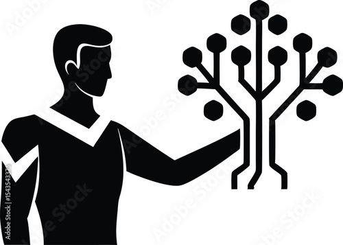Futuristic Human and Tech Tree Concept – Innovation and Sustainability Silhouette