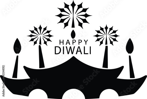 Elegant Black and White Happy Diwali Illustration with Diyas and Fireworks