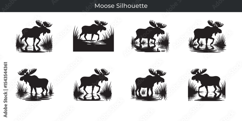Obraz premium Elegant moose silhouette in nature walking through water and greenery elements