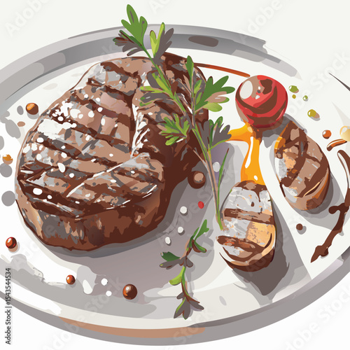 Illustration of Grilled Steak with Vegetables and Herbs on a Plate