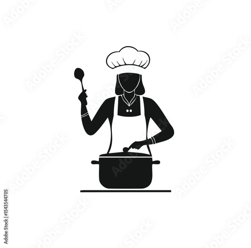 Woman chef cooking delicious food in pot