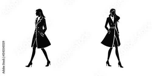 Chic Girl in Trench Coat Walking Silhouette on White Background