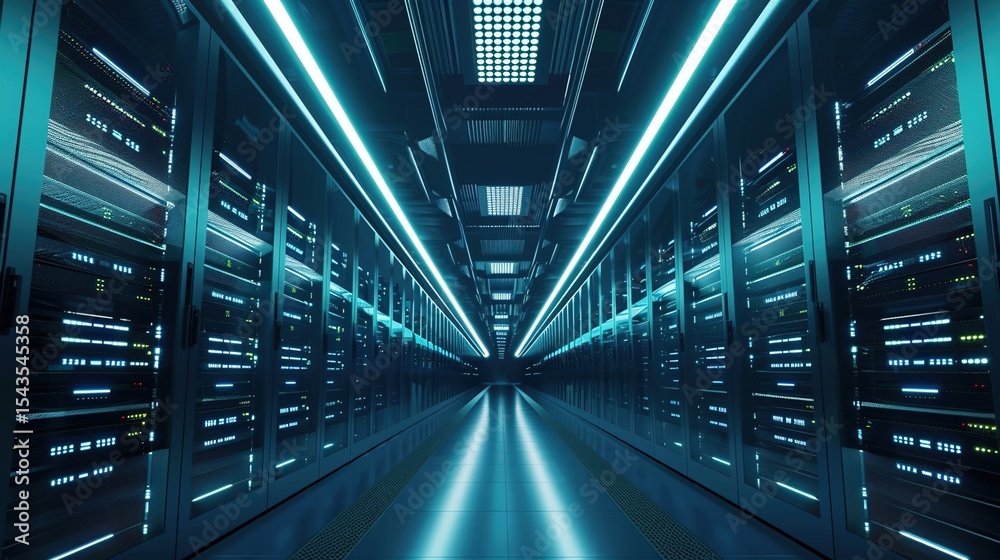 Obraz premium Data Center Server Room Background: High-Tech Infrastructure, Cooling Systems, and Networking Environments