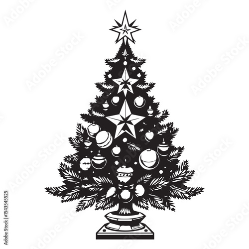 Ornate black and white christmas tree illustration