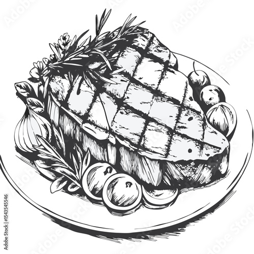 Hand drawn grilled steak with rosemary basil garlic and tomatoes on plate