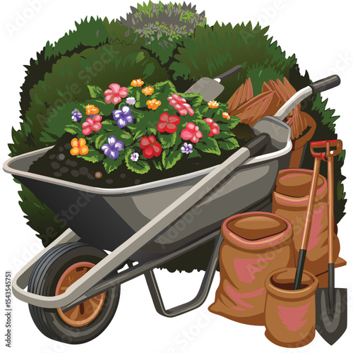 Gardening tools and flowers in a wheelbarrow with soil and bags