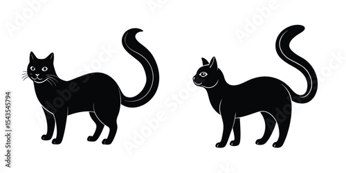 Graceful depiction of a Russian Blue cat tail flicking Flat Silhouette on White Background
