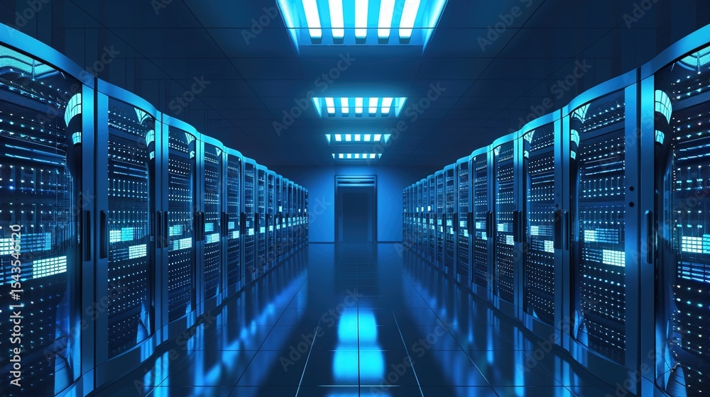 Fototapeta premium Data Center Server Room Background: High-Tech Infrastructure, Cooling Systems, and Networking Environments
