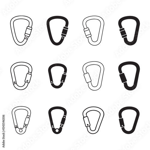 Set of black and white carabiner icon illustrations for climbing and outdoor gear design