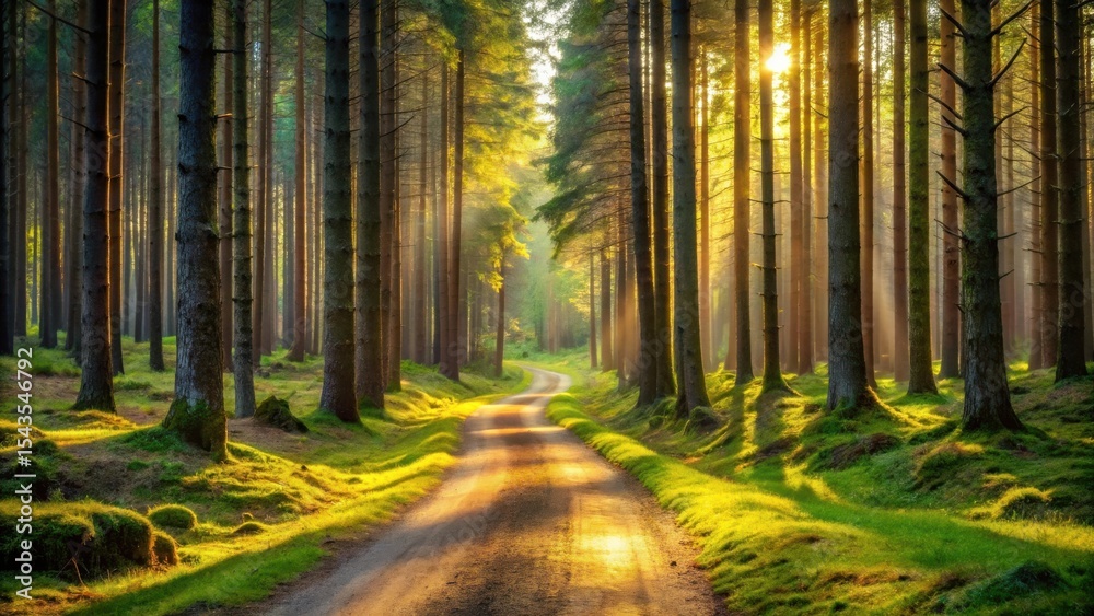 Fototapeta premium Golden Sunlight Illuminates a Serene Forest Path, Casting Long Shadows on Lush Green Moss