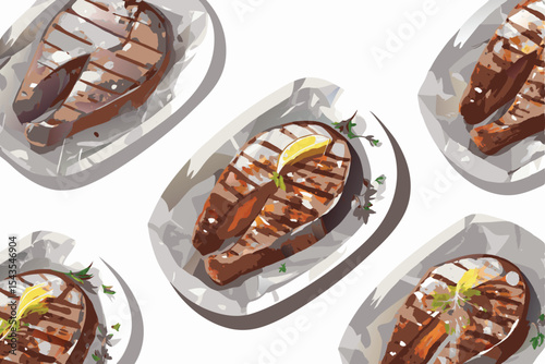 Grilled Salmon Steaks with Lemon and Herbs on White Plates Illustration