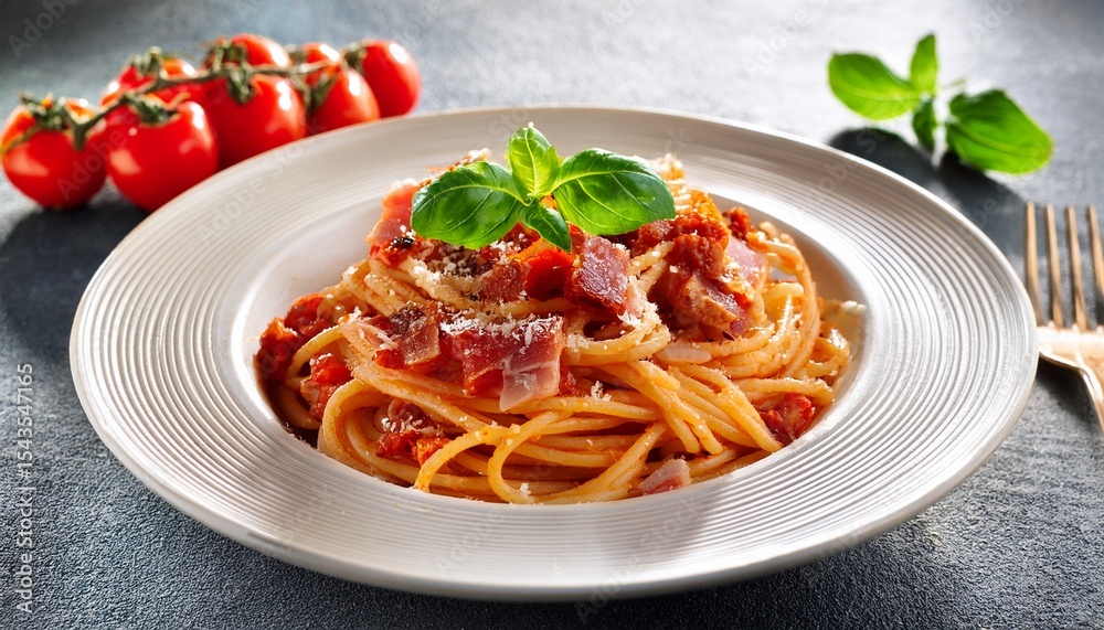italian spaghetti amatriciana delicious sauce with pancetta and tomato on pasta dish italian spaghetti amatriciana delicious sauce with pancetta and tomato on pasta dish