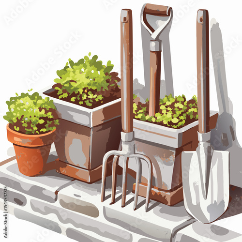 Gardening Tools and Potted Plants on Stone Wall with Illustration Style