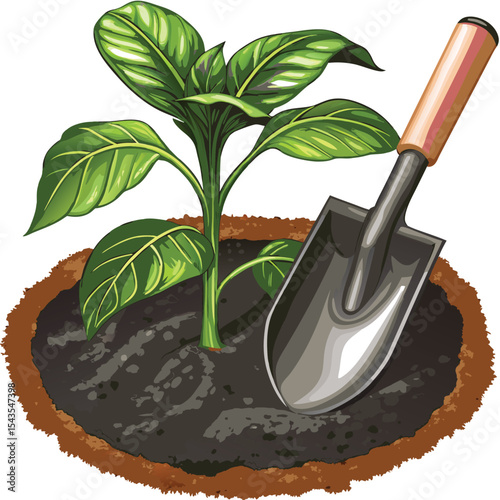 Young plant and shovel in soil gardening and agriculture illustration