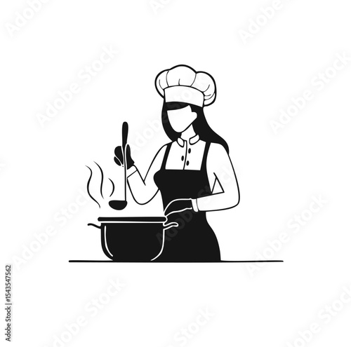 Female chef cooking delicious food in pot