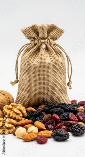 Assortment of nuts and dried fruits in burlap sack