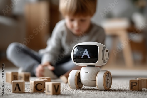 Young boy learning alphabet with AI robot and wooden blocks at home. Concept of early education, smart toys, and artificial intelligence in child development