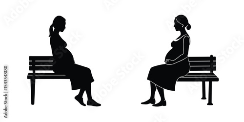 Graceful depiction of a pregnant woman sitting on bench Isolated on White Background