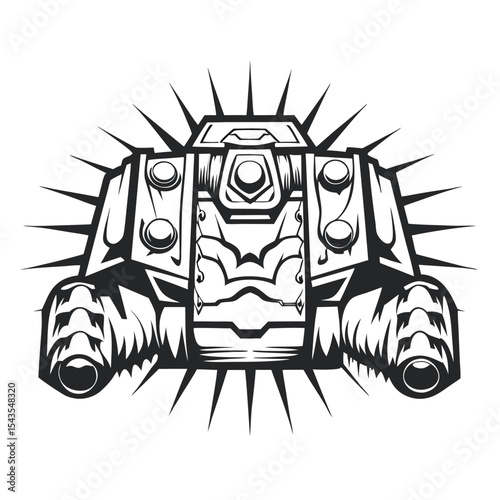 Monochrome Armored Vehicle Icon: Stylized, Frontal View, Military Tank, Outline Design with Radiant Lines, Isolated on White, Tech Symbol, Vector Illustration.