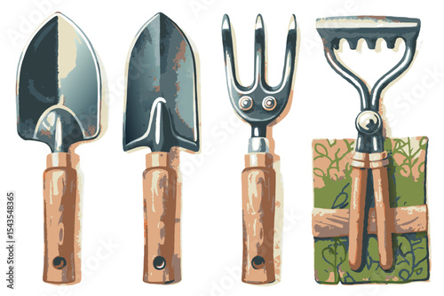 Vintage Style Garden Tools Illustration with Wooden Handles and Metal Blades