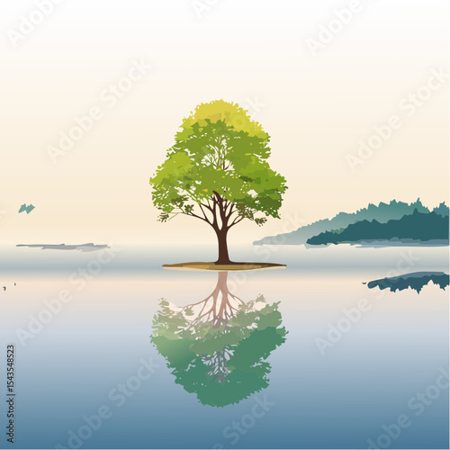 solitary tree reflected in the still waters of a foggy lake at sunrise