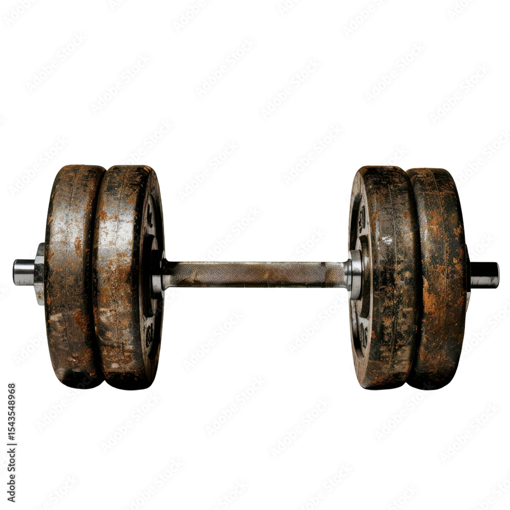 Fototapeta premium Rusty dumbbell with worn weights, symbolizing strength and fitness