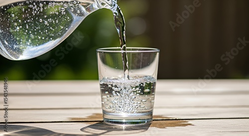 Pouring Fresh Water Into Glass on Wooden Table Outdoors