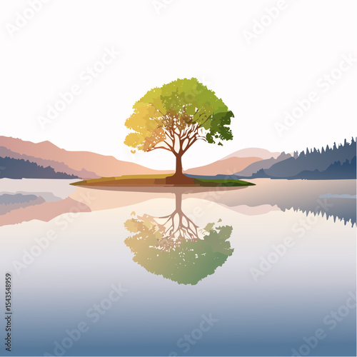 solitary tree reflected in the still waters of a foggy lake at sunrise