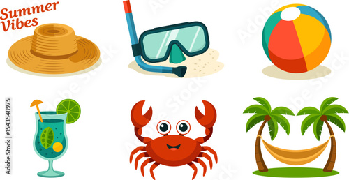 Minimal travel icons showing sunglasses hat crab drink bag and flippers with diving goggles  