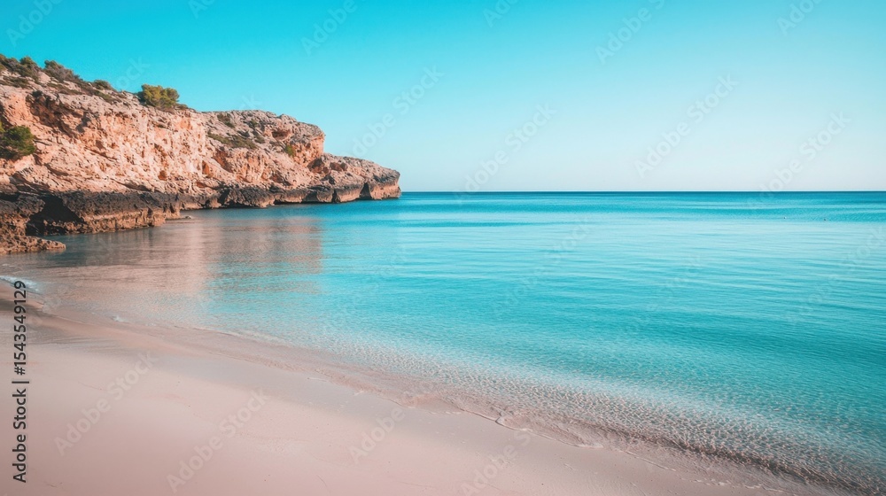 Fototapeta premium Tranquil beach with clear waters and rocky cliffs under a blue sky in a serene coastal location