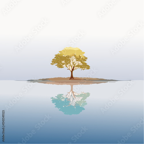 solitary tree reflected in the still waters of a foggy lake at sunrise
