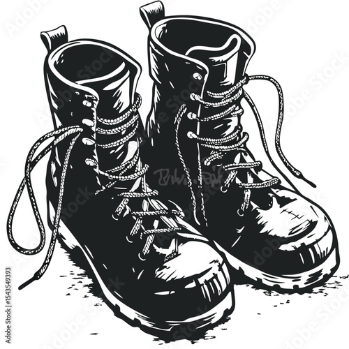 Monochrome Vector Illustration of a Pair of Hiking Boots with Laces