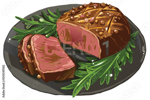 Illustration of Roasted Beef Tenderloin with Rosemary on a Plate