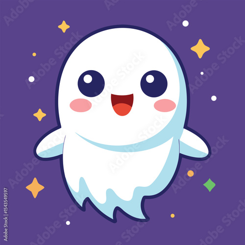 A cheerful, cartoonish ghost with large eyes, a wide smile, and a light-blue outline floats against a deep purple background dotted with glittering stars.