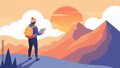 Solo traveler with backpack reading map in mountains at sunset in flat vector style