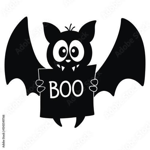 A cartoonish black silhouette of a bat holding a sign that says "BOO".