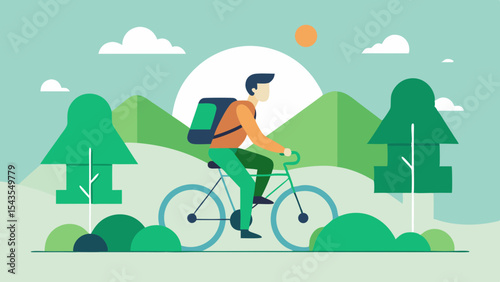 Man riding bicycle with backpack through scenic nature landscape with trees, mountains and sun in flat vector style