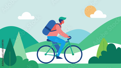 Solo travel. Man riding bicycle through green hills with backpack on sunny day in flat colorful style