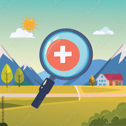 Magnifying glass focusing on medical cross in idyllic landscape