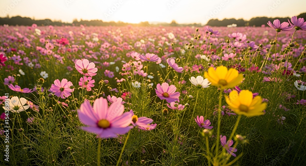 Naklejka premium Cosmos Flower Field at Sunset with Pink and Yellow Blooms