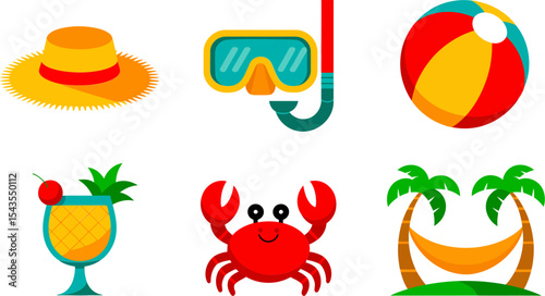 Colorful vector pack with tropical drink, sun hat, diving mask, crab, ball, and palm tree for holiday vibe  