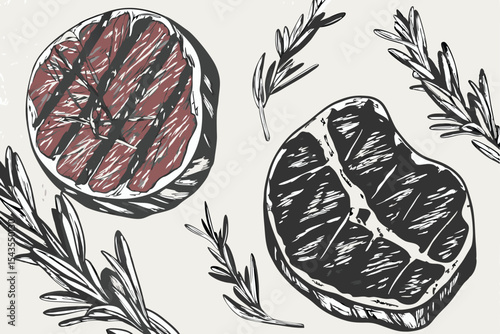 Hand Drawn Steak Illustration with Rosemary Sprigs on a Beige Background