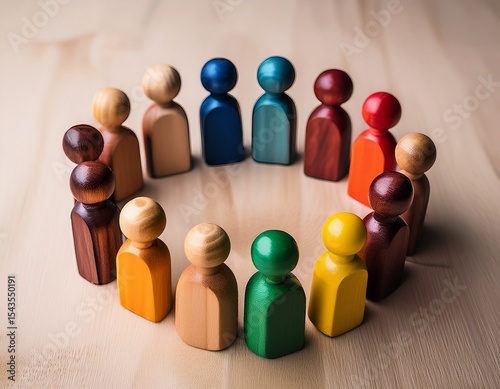 wooden figurines form a circle symbolizing unity and community a gap suggests inclusion or exclusion the varied colors represent diversity