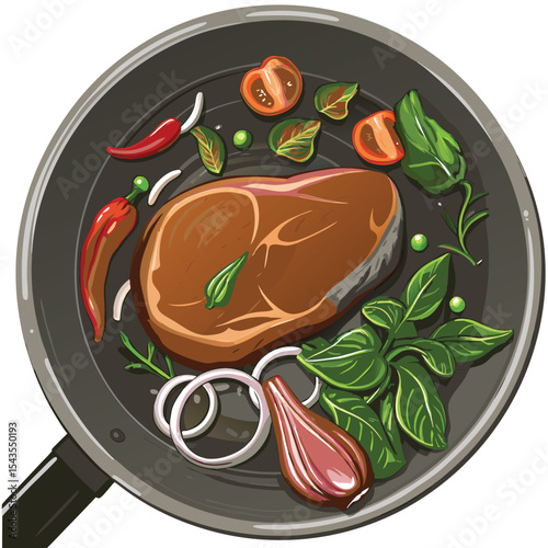 Illustration of steak with vegetables and herbs in a frying pan