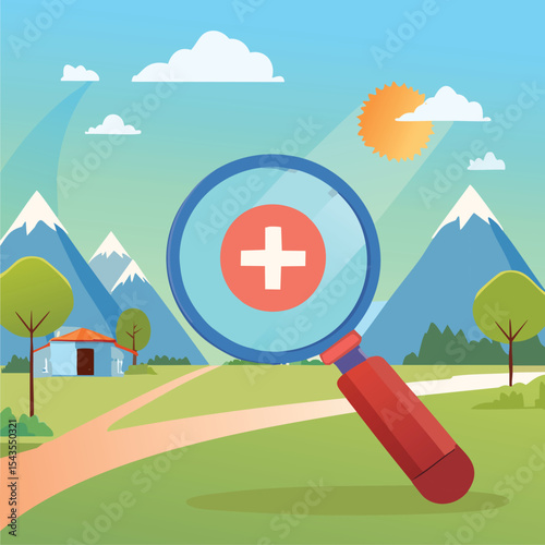 Magnifying glass plus sign idyllic landscape search healthcare